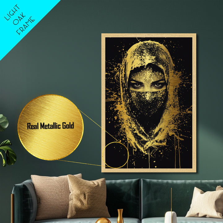 Mystical Veiled Woman Metallic Gold Metal Print, Splatter Style Portrait Art, Ethereal Female Artwork, Real Wood Frame Wall Decor