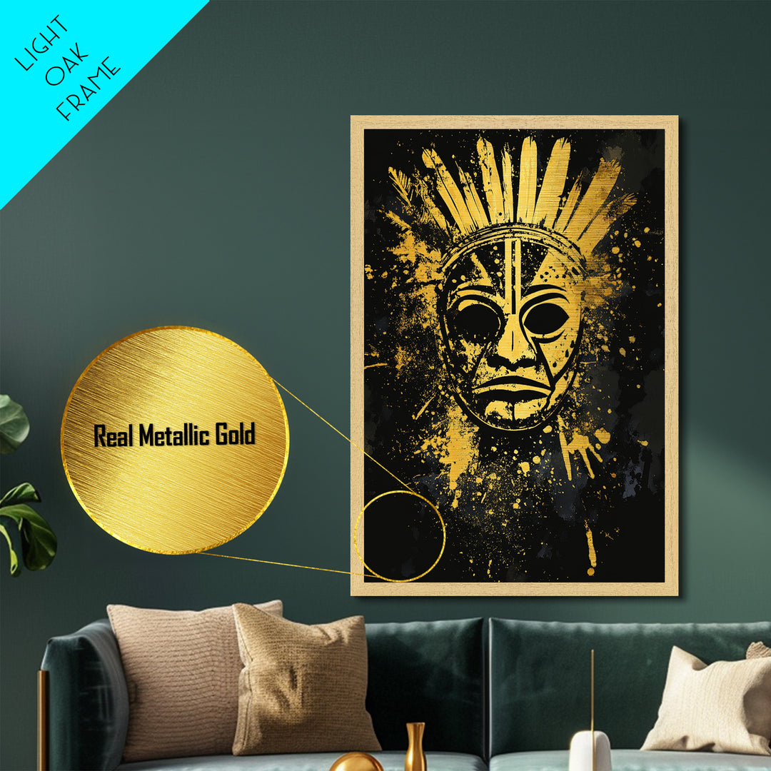 Feathered Tribal Mask Metallic Gold Metal Print, Ancestral Face Art, Splatter Style Ethnic Wall Hanging, Real Wood Frame Artwork