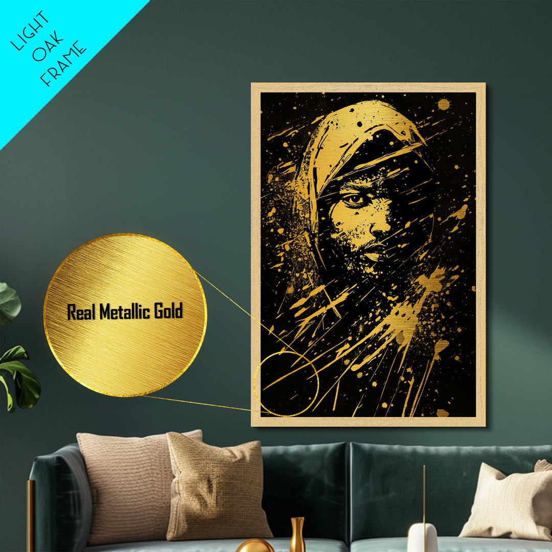 Golden Veiled Portrait Metallic Gold Metal Print, Abstract Female Art, Splatter Style Ethereal Face Artwork, Real Wood Frame Decor