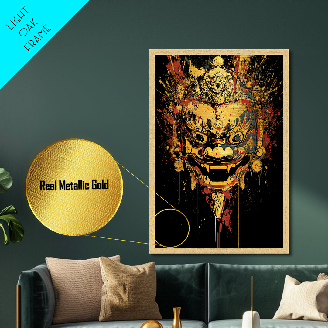 Fierce Mythic Mask Metallic Gold Metal Print, Splatter Style Tribal Face Art, Bold Ancestral Artwork, Real Wood Frame Wall Hanging