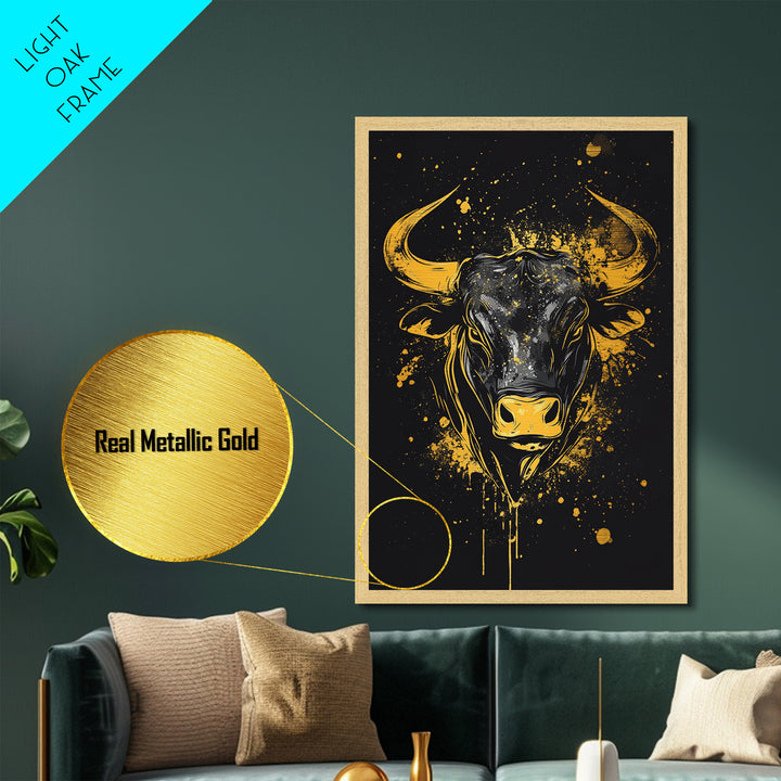 Powerful Bull Head Metallic Gold Metal Print, Abstract Splatter Animal Art, Bold Strength Symbol Artwork, Real Wood Frame Wall Decor