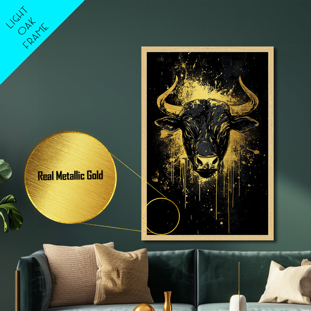 Majestic Bull Portrait Metallic Gold Metal Print, Tribal Splatter Animal Artwork, Strong Symbolic Wall Art, Real Wood Frame Decor