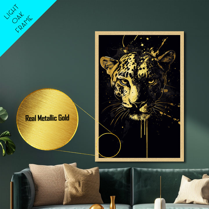 Wild Leopard Face Metallic Gold Metal Print, Bold Animal Portrait Art, Tribal Splatter Style Wall Artwork, Real Wood Frame Home Decor