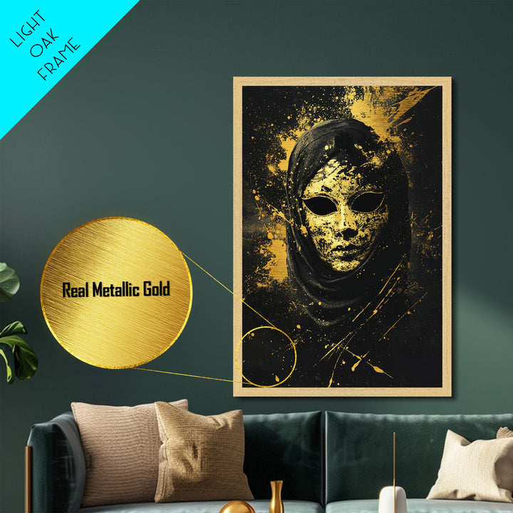 Mysterious Veiled Mask Metallic Gold Metal Print, Splatter Style Female Portrait, Abstract Ethereal Face Artwork, Real Wood Frame Decor