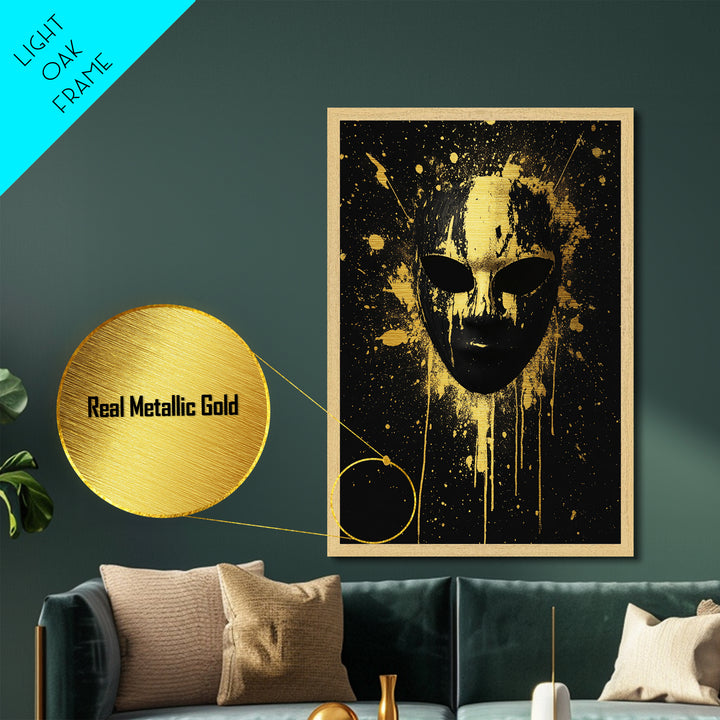 Abstract Splatter Mask Metallic Gold Metal Print, Bold Modern Face Art, Tribal Inspired Wall Decor, Real Wood Frame
