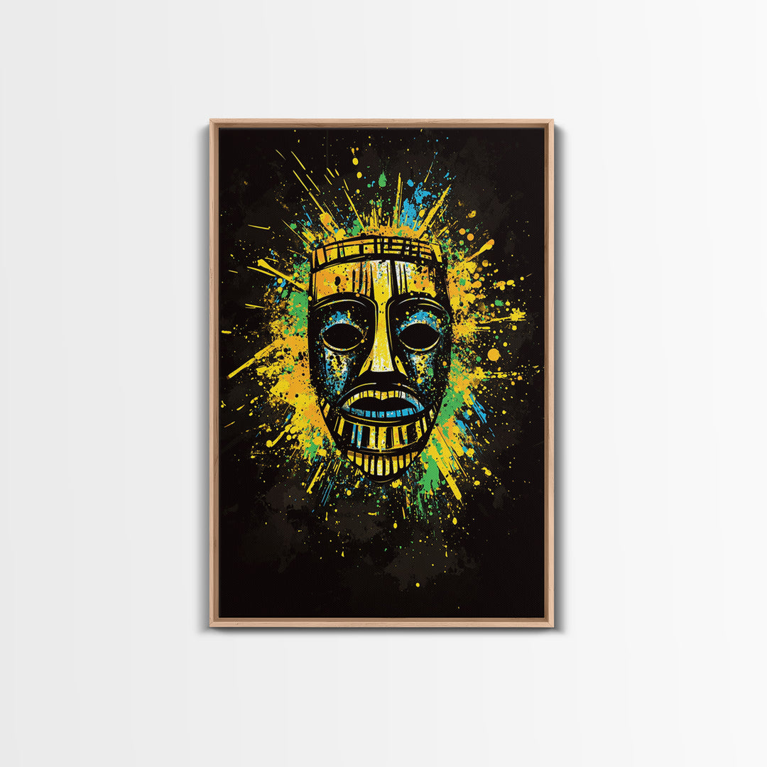 Vibrant Tribal Mask Gold Canvas Art, Ethnic Splatter Style Face Print, Colorful Abstract Wall Decor, Real Wood Frame