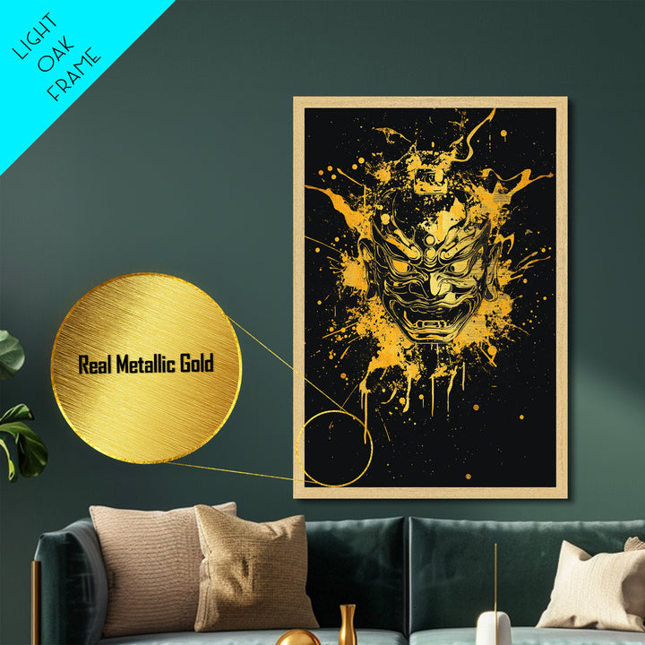 Oni Demon Mask Metallic Gold Metal Print, Japanese Mythology Inspired Art, Splatter Style Wall Decor, Real Wood Frame