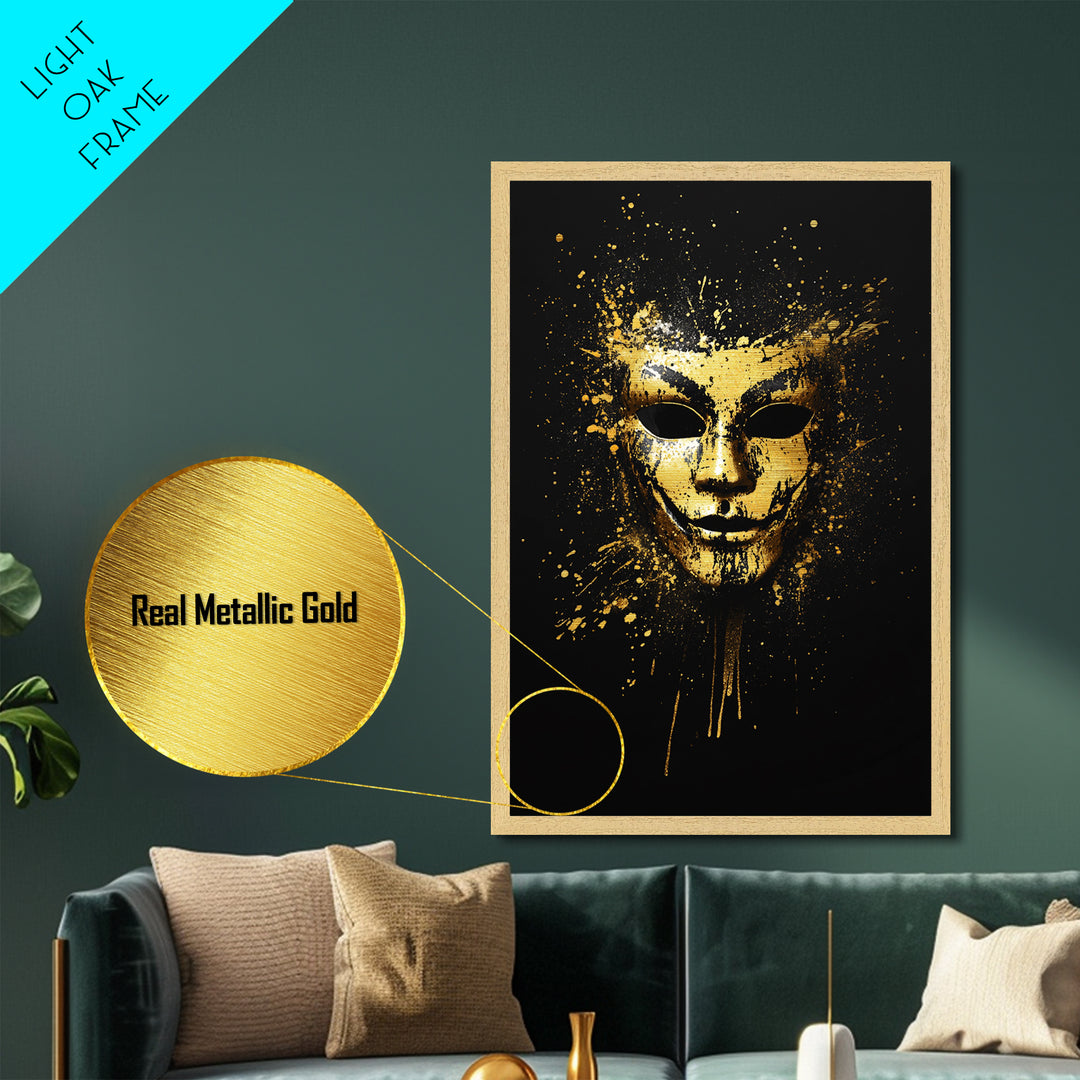 Abstract Painted Mask Metallic Gold Metal Print, Modern Face Art, Bold Splatter Style Wall Decoration, Real Wood Frame