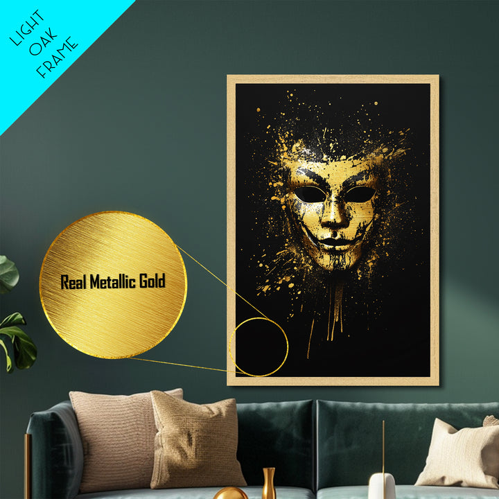 Abstract Painted Mask Metallic Gold Metal Print, Modern Face Art, Bold Splatter Style Wall Decoration, Real Wood Frame