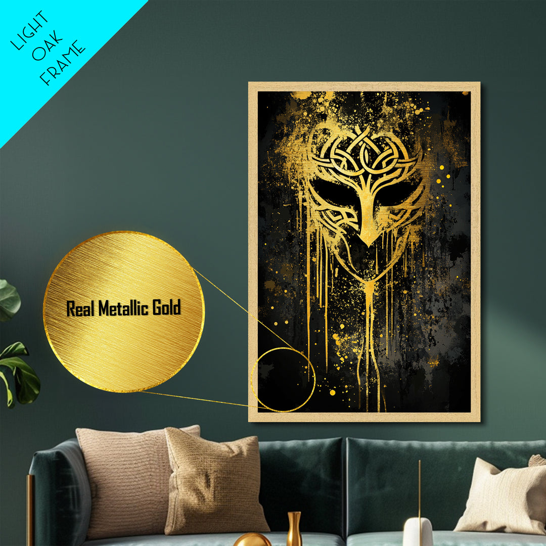 Celtic Knot Mask Metallic Gold Art, Intricate Tribal Inspired Design, Abstract Splatter Wall Decor, Real Wood Frame