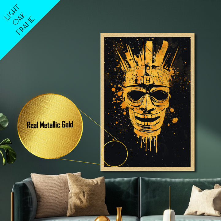 Ancient Warrior Mask Metallic Gold Metal Print, Tribal Armor Inspired Face Art, Bold Splatter Wall Decor, Real Wood Frame