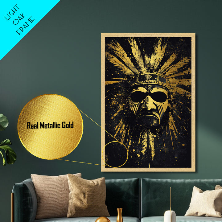Aztec Sun Mask Metallic Gold Metal Print, Tribal Inspired Ancient Face Art, Splatter Style Wall Decor, Real Wood Frame