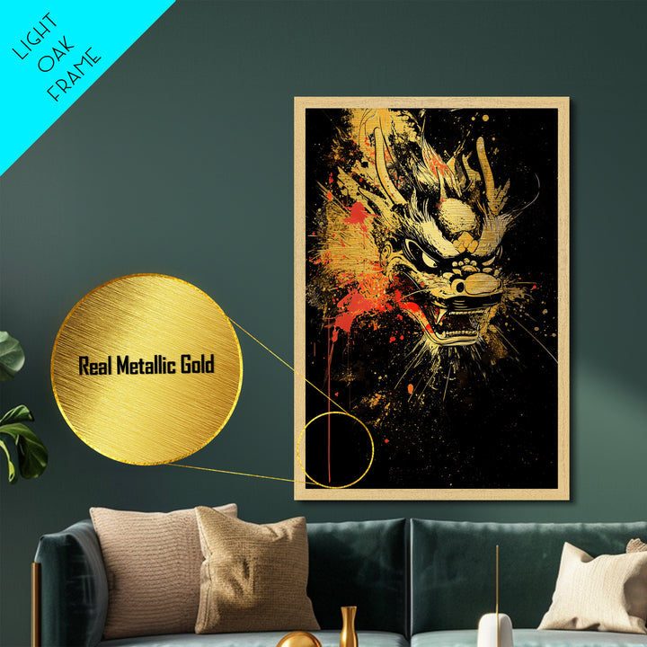 Native Headdress Mask Metallic Gold Art, Tribal Inspired Splatter Face Print, Bold Ethnic Wall Decor, Real Wood Frame