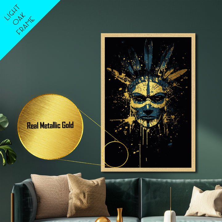 Tribal Feather Mask Metallic Gold Metal Print, Abstract Splatter Mask Wall Art, Real Wood Frame, Modern Ethnic Home Decor