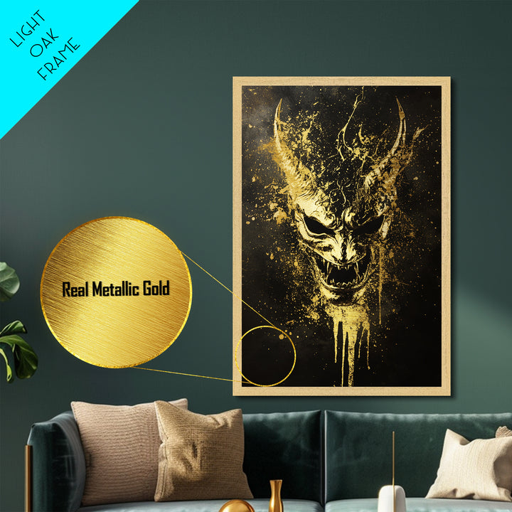 Oni Demon Mask Metallic Gold Metal Print, Japanese Mythology Wall Art, Real Wood Frame, Bold Samurai Mask Artwork