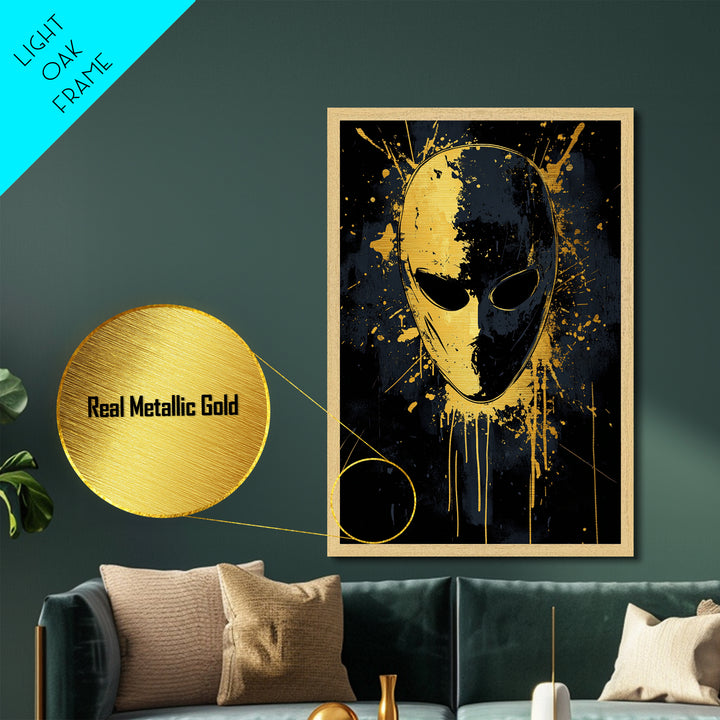 Minimalist Mask Metallic Gold Metal Print, Abstract Splatter Face Wall Art, Real Wood Frame, Contemporary Mask Decor