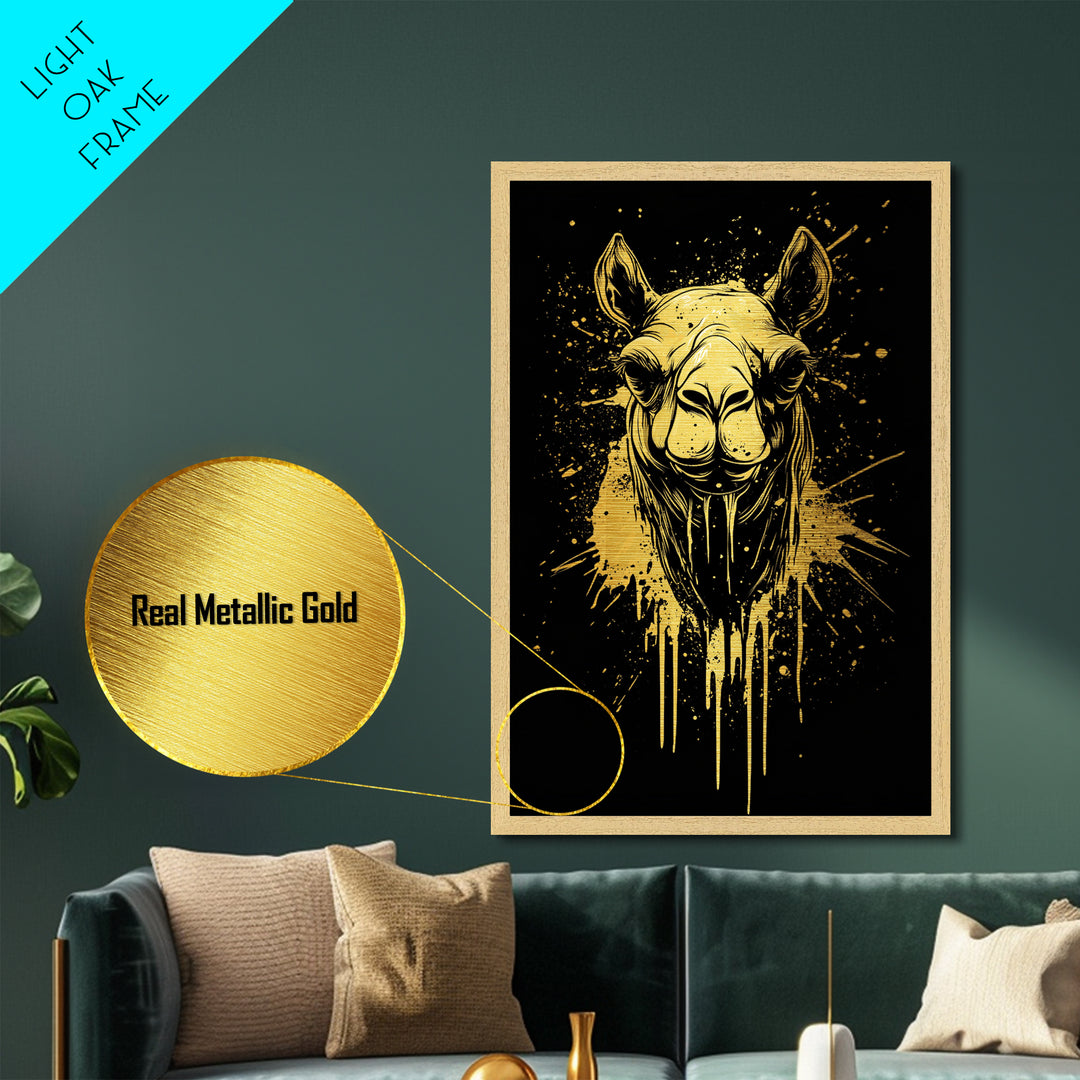 Camel Portrait Metallic Gold Metal Print, Animal Splatter Wall Art, Real Wood Frame, Modern Wildlife Artwork For Home