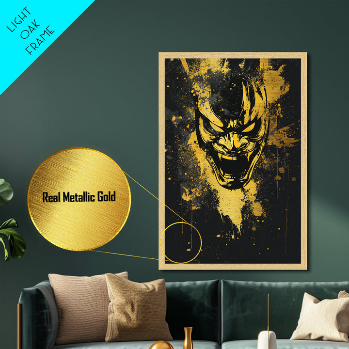 Samurai Mask Metallic Gold Metal Print, Japanese Warrior Wall Art, Real Wood Frame, Bold Splatter Mask Artwork For Home