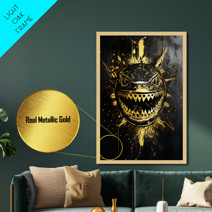 Shark Splatter Metallic Gold Metal Print, Abstract Ocean Predator Wall Art, Real Wood Frame, Bold Modern Sea Life Artwork