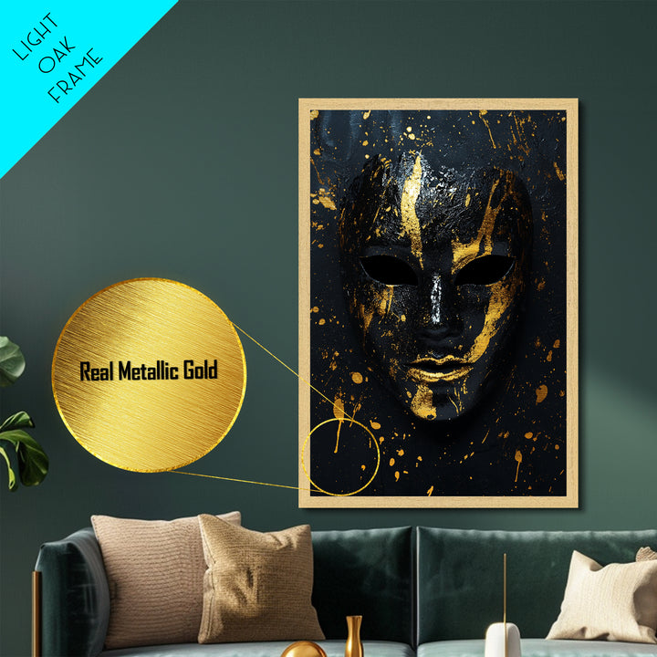 Abstract Mask Metallic Gold Metal Print, Contemporary Splatter Face Wall Art, Real Wood Frame, Modern Tribal Mask Decor