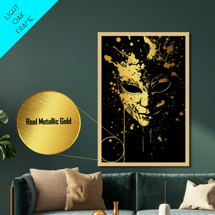 Mysterious Mask Metallic Gold Metal Print, Abstract Splatter Face Wall Art, Real Wood Frame, Dark Modern Mask Artwork