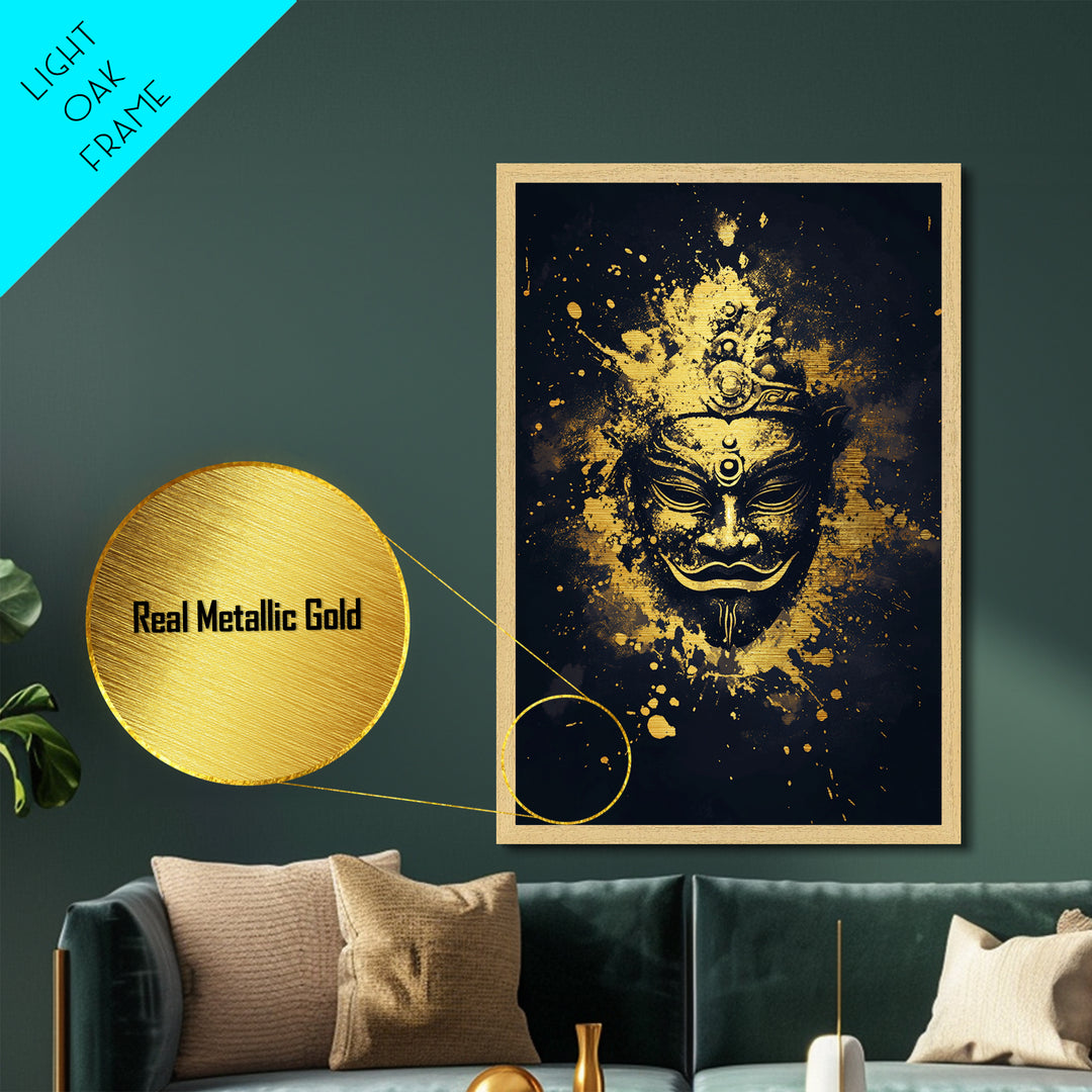 Ancient Mask Metallic Gold Metal Print, Mystical Splatter Wall Art, Real Wood Frame, Bold Spiritual Mask Artwork For Home