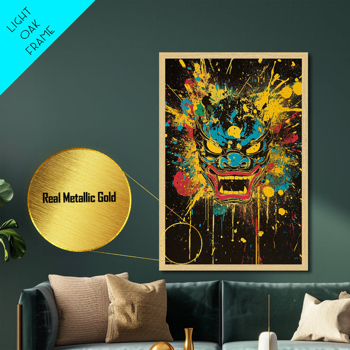 Demonic Horn Mask Metallic Gold Metal Print, Gothic Wall Art, Dark Splatter Painting, Real Wood Frame, Bold Statement Decor