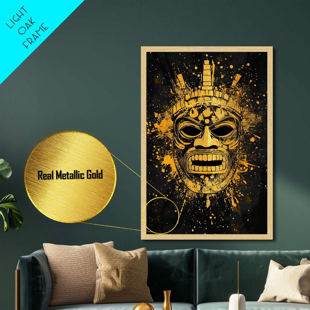 Abstract Alien Mask Metallic Gold Metal Print, Futuristic Splatter Art, Minimalist Wall Art, Real Wood Frame, Modern Home Decor