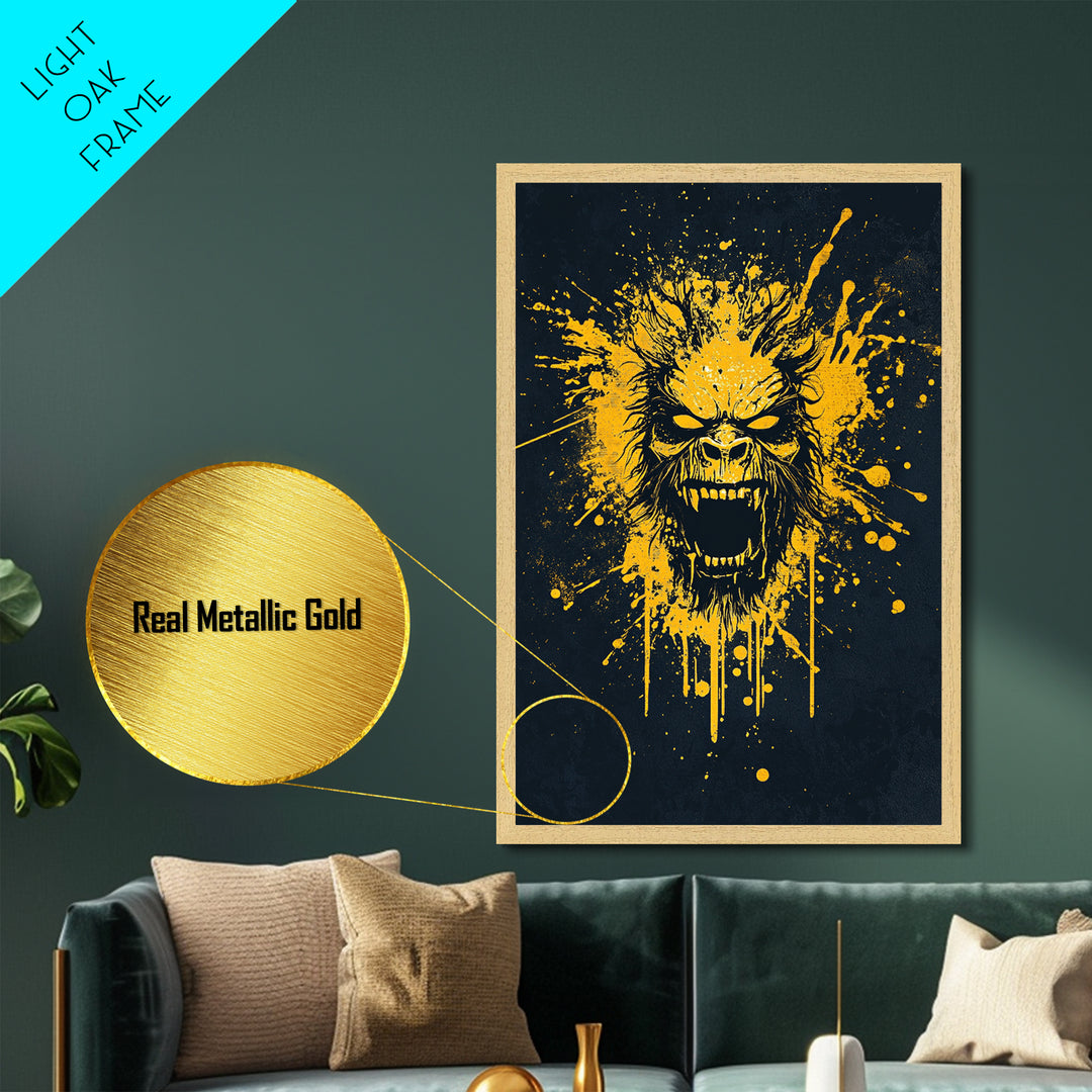Bear Face Metallic Gold Metal Print, Animal Splatter Art, Fierce Wildlife Wall Decor, Real Wood Frame, Modern Bold Statement Art