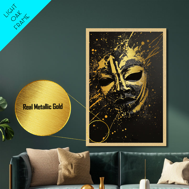 Samurai Oni Mask Metallic Gold Metal Print, Japanese Splatter Artwork, Warrior Wall Art, Real Wood Frame, Bold Cultural Decor