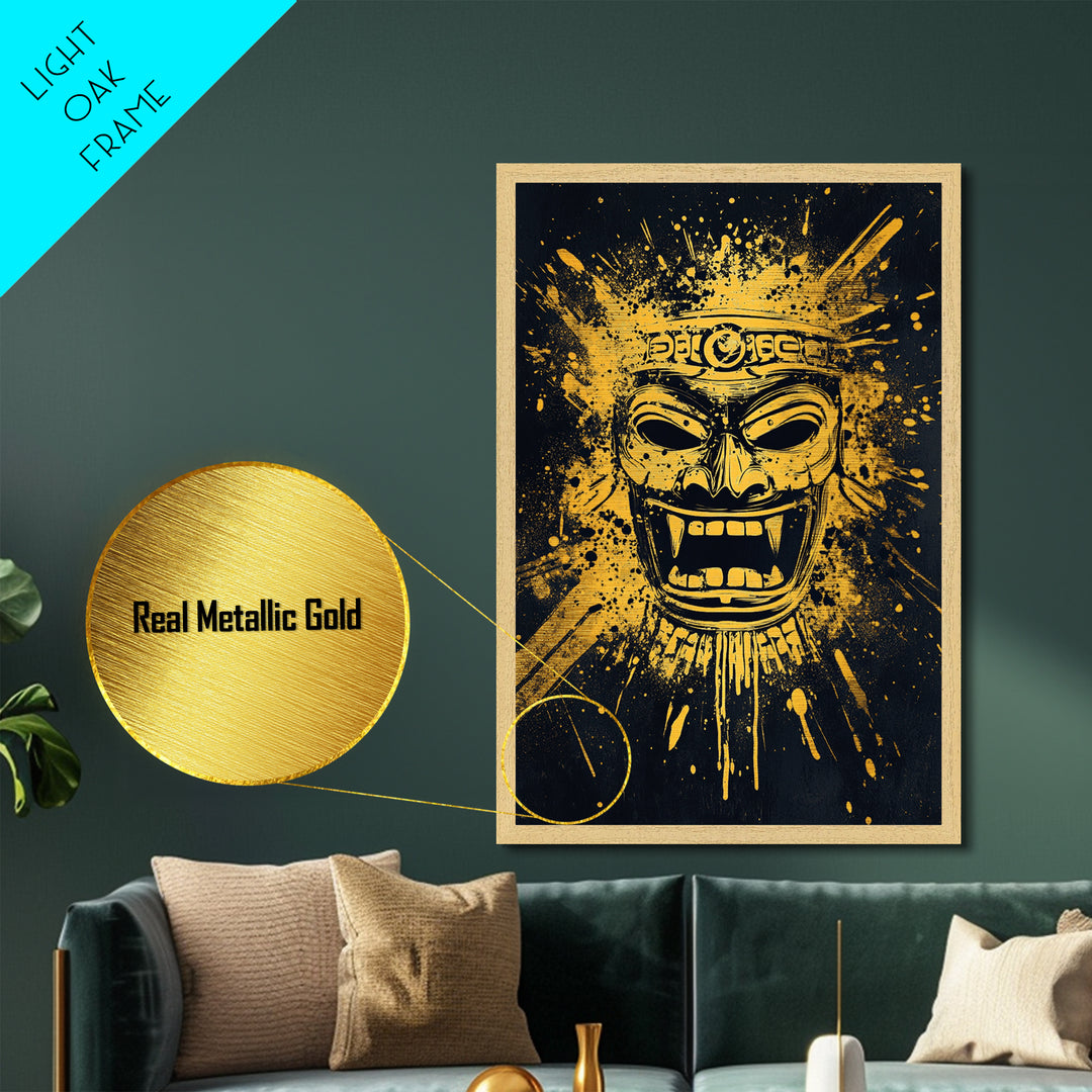 Shark Head Metallic Gold Metal Print, Splatter Ocean Art, Fierce Predator Wall Decor, Real Wood Frame, Modern Marine Artwork