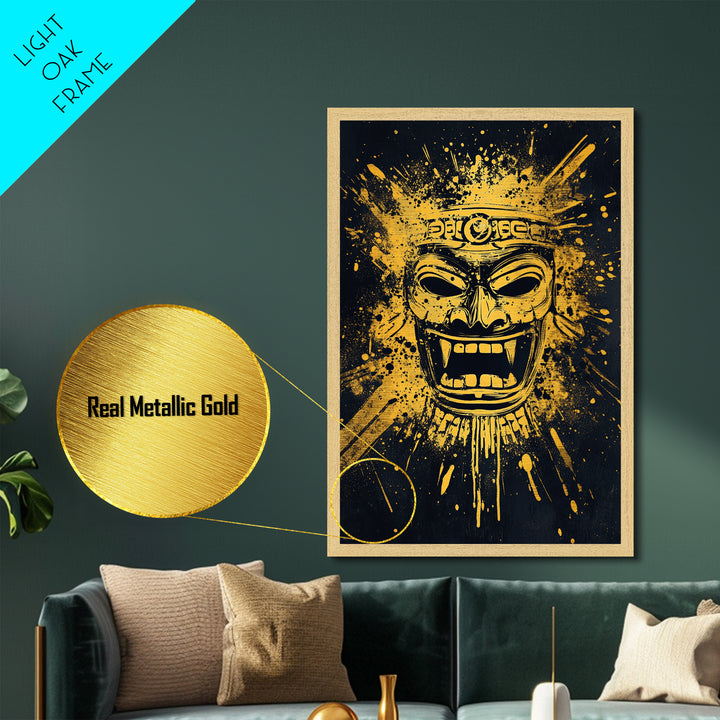 Shark Head Metallic Gold Metal Print, Splatter Ocean Art, Fierce Predator Wall Decor, Real Wood Frame, Modern Marine Artwork