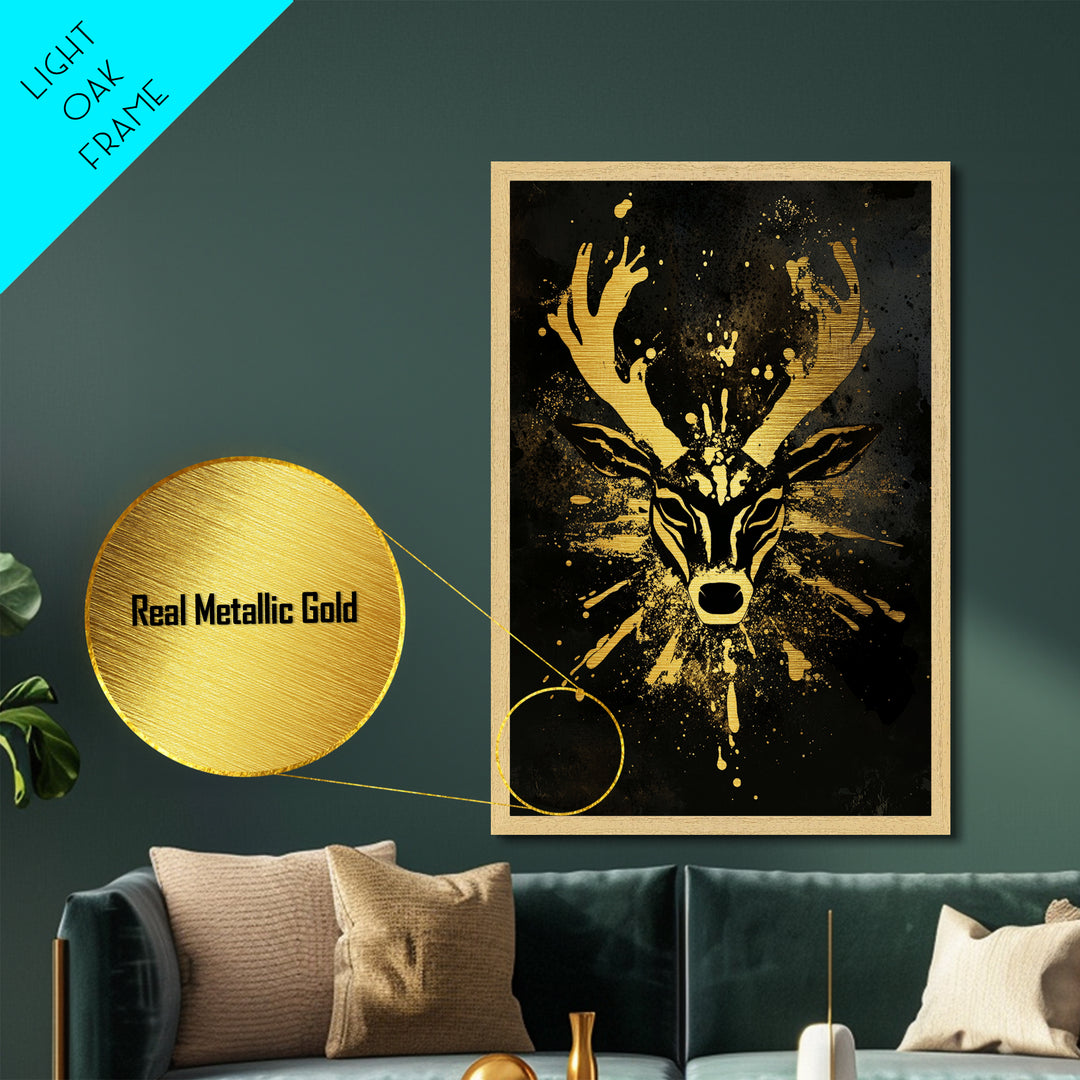 Textured Tribal Mask Metallic Gold Metal Print, Splatter Art Design, Abstract Cultural Wall Art, Real Wood Frame, Bold Decor Piece
