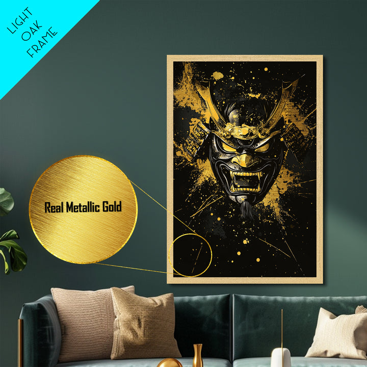 Vampire Mask Metallic Gold Metal Print, Gothic Splatter Wall Art, Horror Decor, Real Wood Frame, Dark Artistic Statement Artwork
