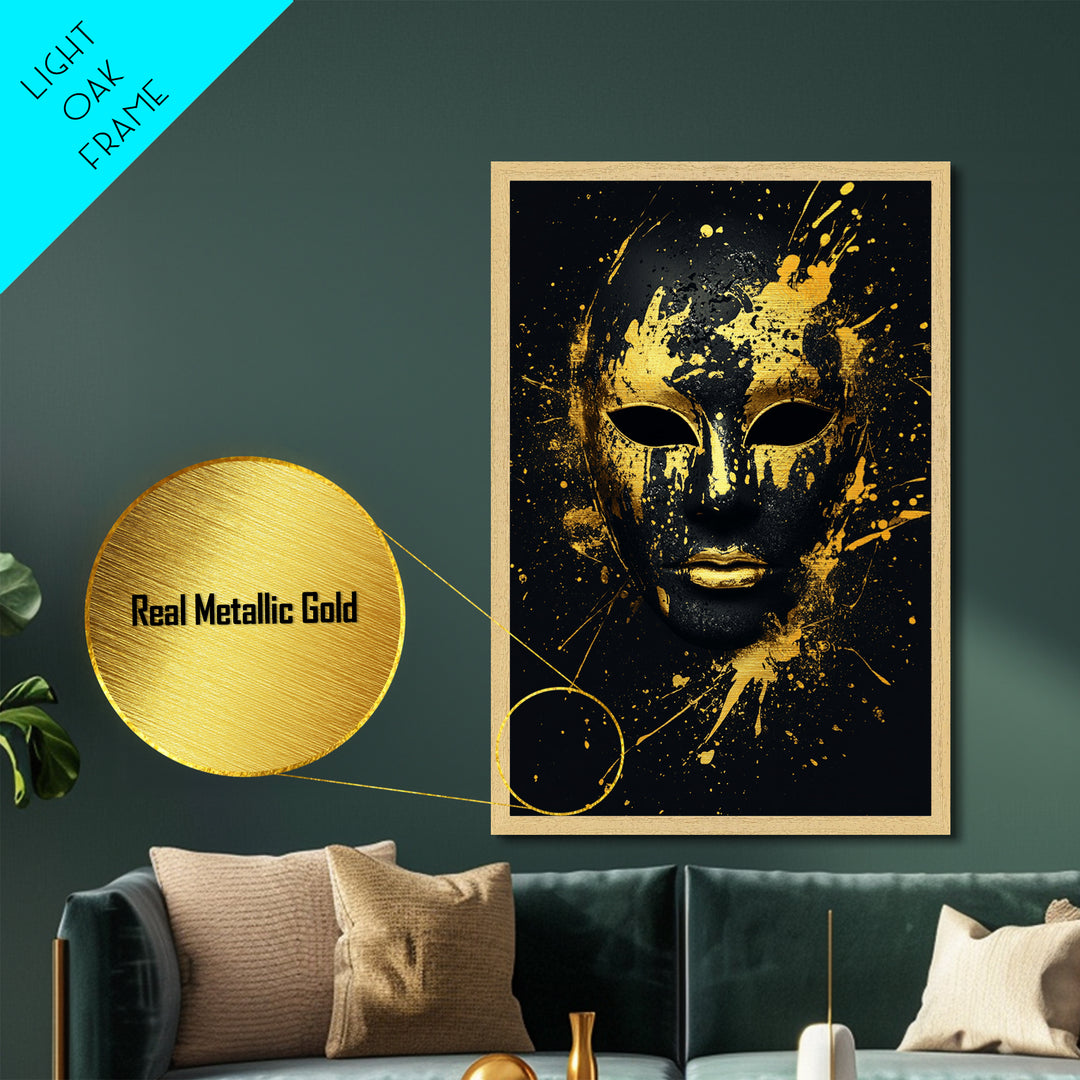 Venetian Mask Metallic Gold Metal Print, Elegant Wall Art, Luxury Mask Artwork, Real Wood Frame, Dramatic Splatter Effect Home Decor