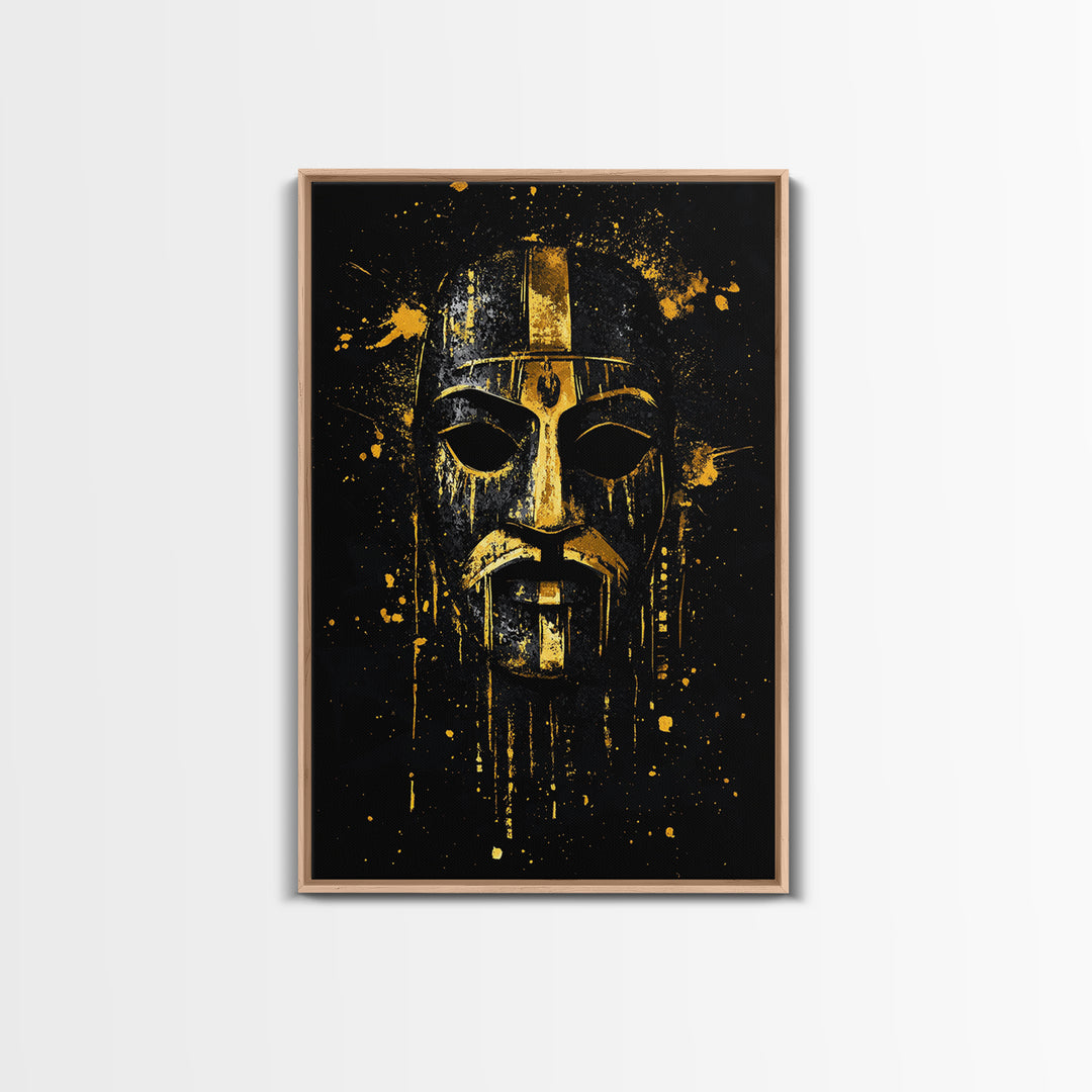 Medieval Mask Gold Canvas Print, Warrior Face Wall Art, Historic Armor Artwork, Real Wood Frame, Bold Statement Home Decor