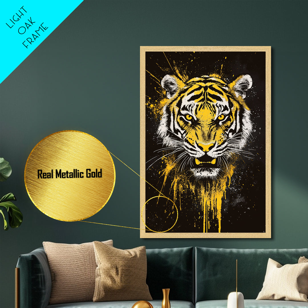 Tiger Face Metallic Gold Metal Print, Wildlife Wall Art, Jungle Animal Artwork, Real Wood Frame, Fierce Predator Home Accent