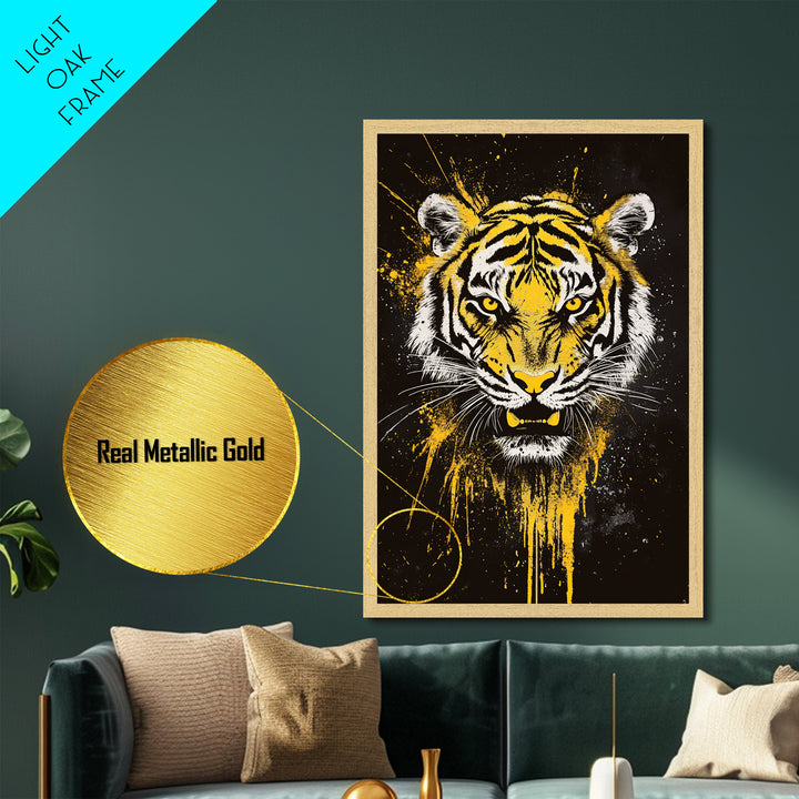 Tiger Face Metallic Gold Metal Print, Wildlife Wall Art, Jungle Animal Artwork, Real Wood Frame, Fierce Predator Home Accent