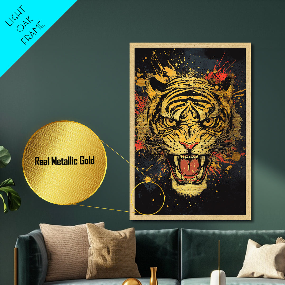 Roaring Tiger Metallic Gold Metal Print, Wildlife Wall Art, Bold Jungle Cat Artwork, Real Wood Frame, Intense Animal Decor For Home