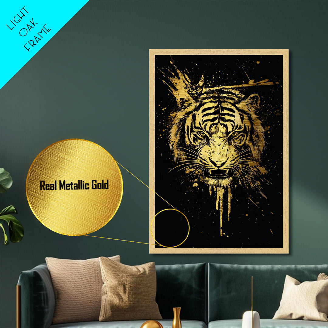 Tiger Head Metallic Gold Metal Print, Fierce Jungle Cat Wall Art, Animal Spirit Artwork, Real Wood Frame, Powerful Wildlife Home Decor