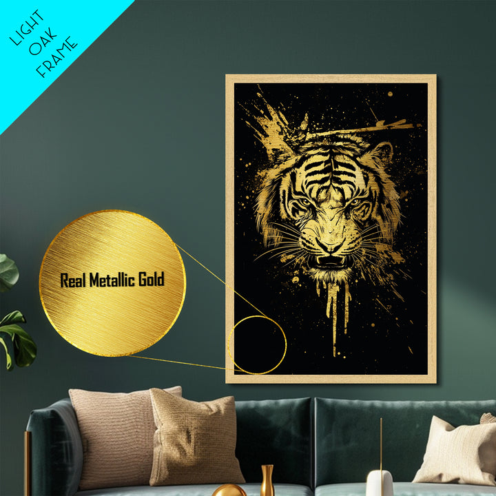 Tiger Head Metallic Gold Metal Print, Fierce Jungle Cat Wall Art, Animal Spirit Artwork, Real Wood Frame, Powerful Wildlife Home Decor