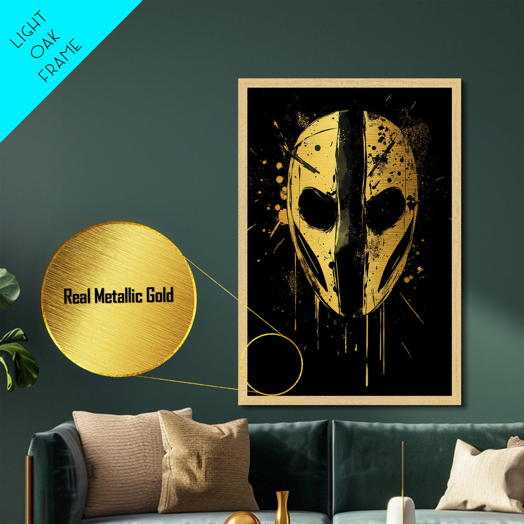 Abstract Mask Metallic Gold Metal Print, Tribal Wall Art, Mysterious Face Artwork, Real Wood Frame, Bold Splatter Paint Effect Decor