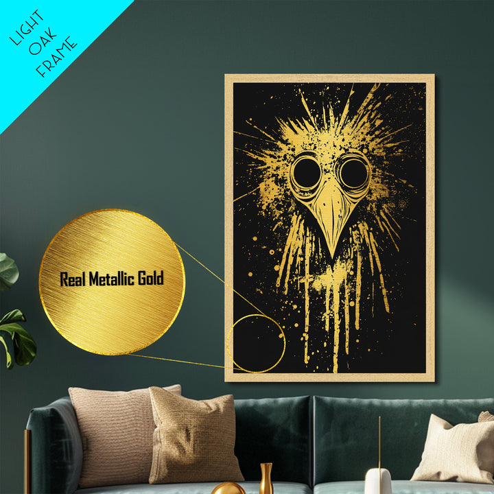 Plague Doctor Mask Metallic Gold Metal Print, Gothic Splatter Art, Dark Fantasy Wall Decor, Unique Gothic Artwork, Real Wood Framed