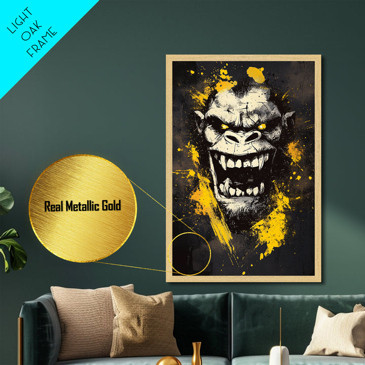Gorilla Face Metallic Gold Metal Print, Wild Splatter Art, Bold Jungle Wall Decor, Fierce Animal Artwork, Real Wood Framed