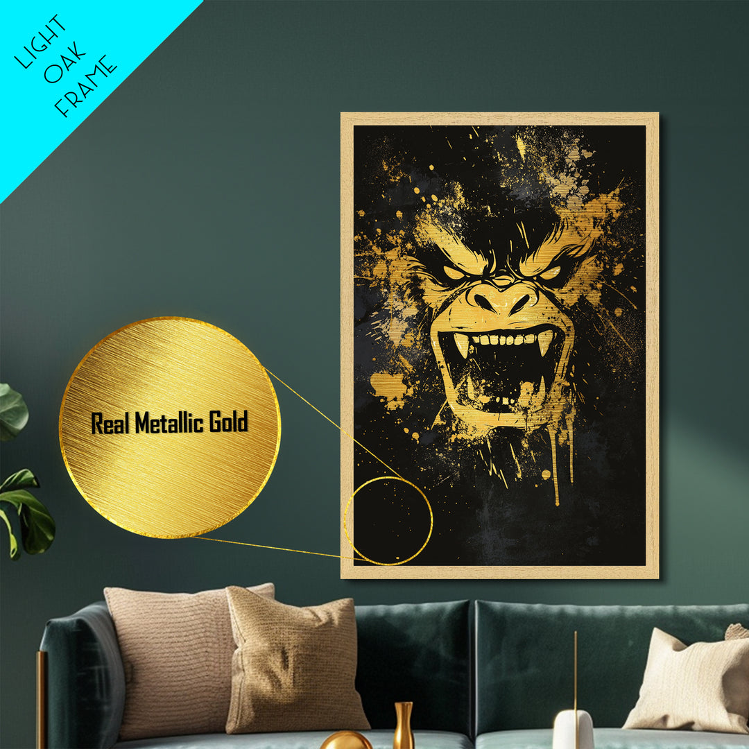 Angry Gorilla Metallic Gold Metal Print, Tribal Splatter Art, Primal Jungle Wall Decor, Bold Animal Artwork, Real Wood Framed