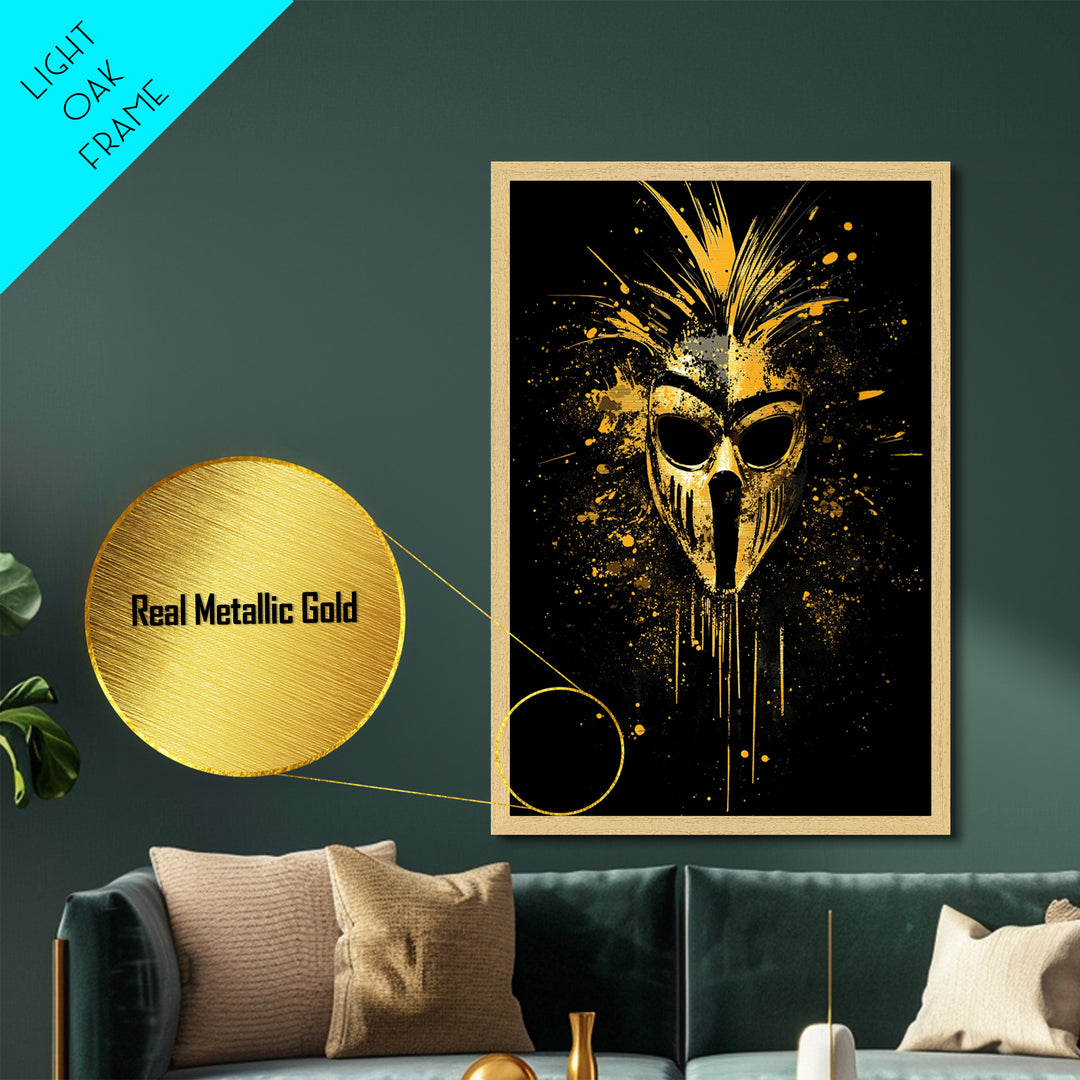 Tribal Warrior Mask Metallic Gold Metal Print, African Inspired Splatter Art, Bold Tribal Wall Decor, Fierce Artwork, Real Wood Framed