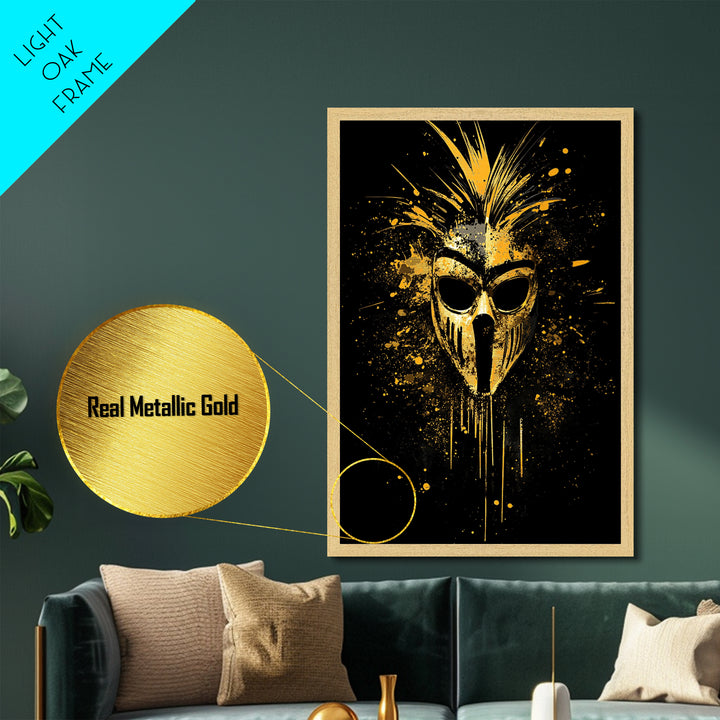 Tribal Warrior Mask Metallic Gold Metal Print, African Inspired Splatter Art, Bold Tribal Wall Decor, Fierce Artwork, Real Wood Framed