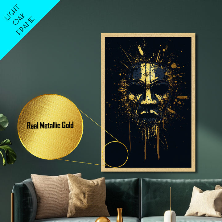 Tribal Splatter Mask Metallic Gold Metal Print, Bold Cultural Art, Unique Splatter Wall Decor, Ethnic Mask Artwork, Real Wood Framed
