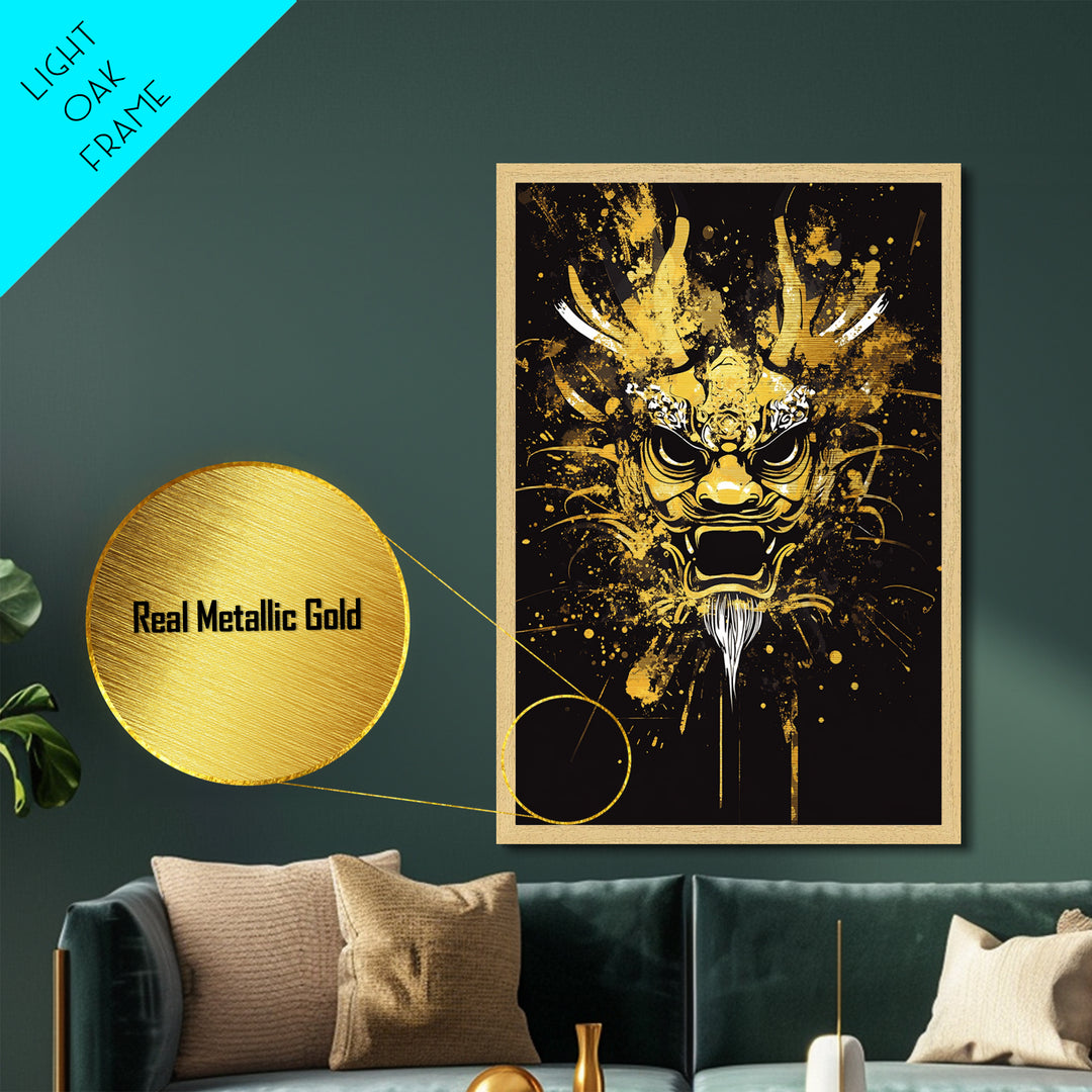 Dragon Mask Metallic Gold Metal Print, Mythical Splatter Art, Asian Inspired Wall Decor, Fierce Dragon Artwork, Real Wood Framed
