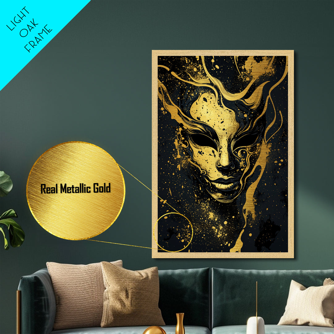 Abstract Face Mask Metallic Gold Metal Print, Surreal Splatter Art, Bold Modern Wall Decor, Unique Artistic Artwork, Real Wood Framed